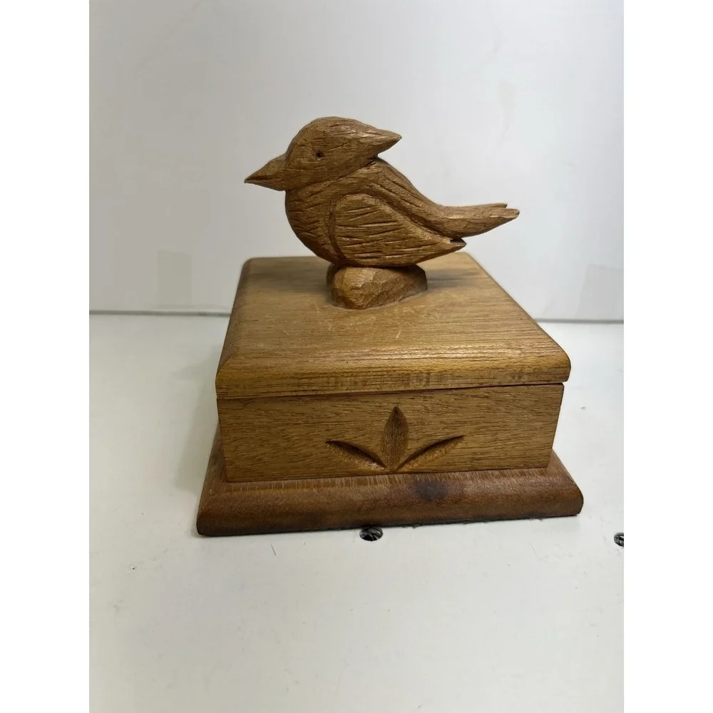 Vintage Hand Carved Wooden Bird Trinket Box Folk Art Boho Cottagecore Decor